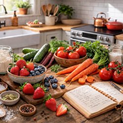 A kitchen filled with fresh fruits and vegetables